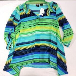 Emma K Women's Shirt Top Sheer Blue Green Yellow Stripe Size SMALL New Polyester